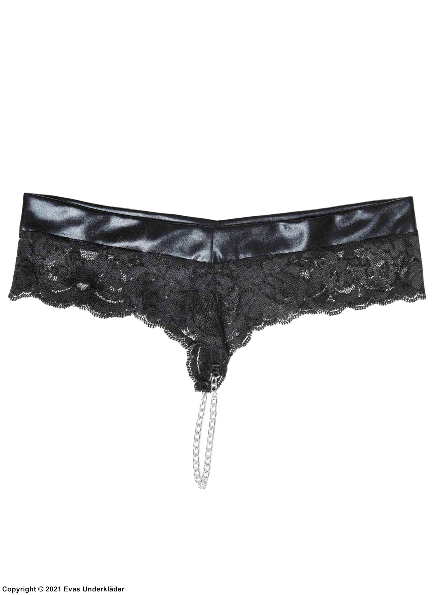 Seductive thong, wet look, floral lace, chain crotch, plus size